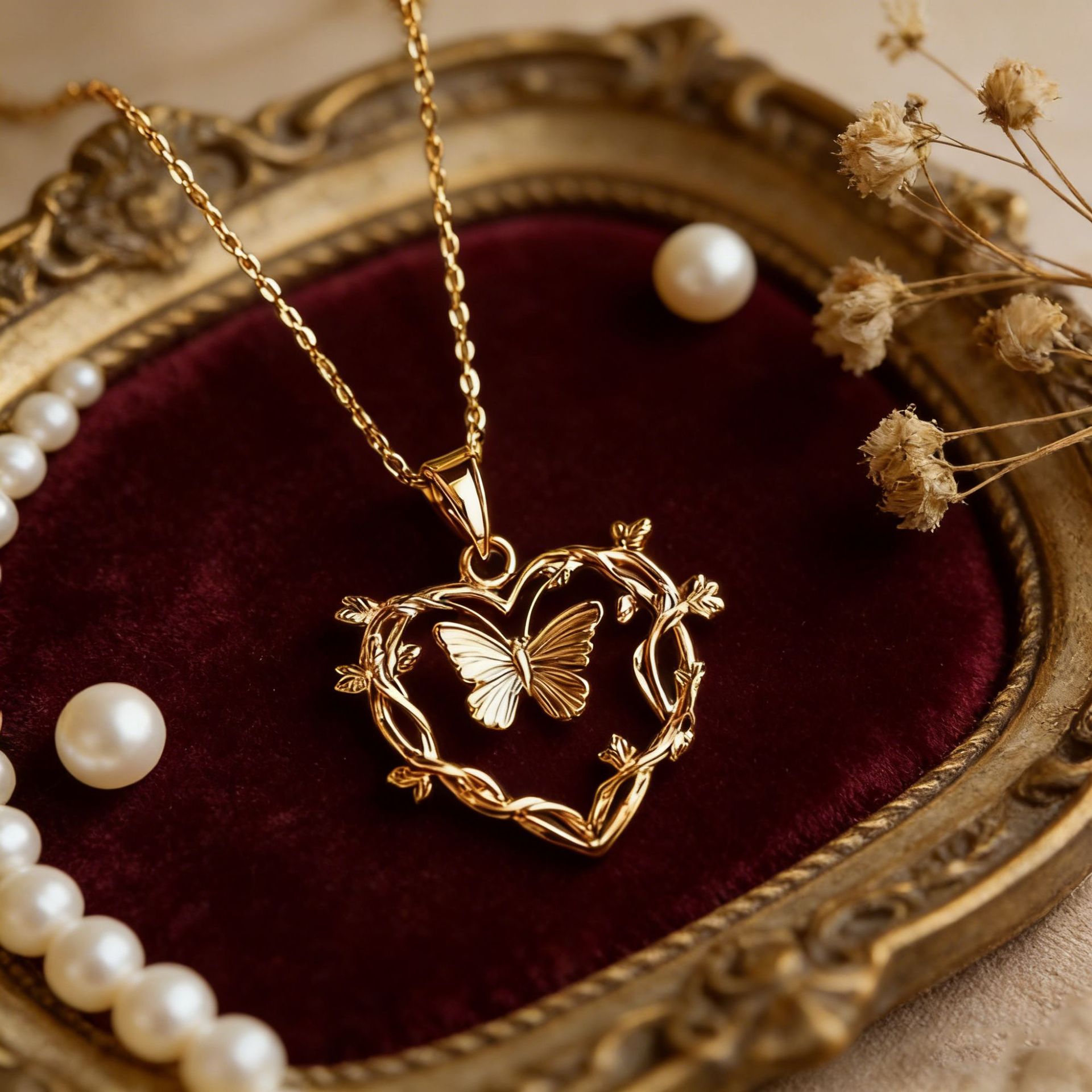 Gold Plated Heart & Butterfly Necklace for Women – Elegant Vine Design Jewelry