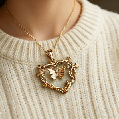 Gold Plated Heart &amp; Butterfly Necklace for Women – Elegant Vine Design Jewelry